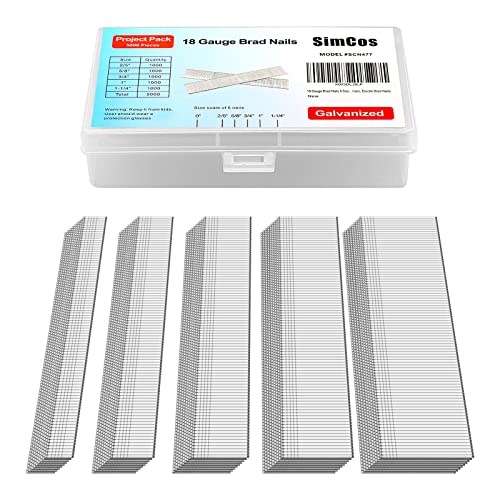 SimCos 5000 pcs 18 Gauge Brad Nails (2/5",5/8",3/4",1",1-1/4 inch) Galvanized 18 GA Nail Gun Nails Assorted and Small Finishing Nails for Pneumatic, Electric Brad Nailer(two kinds of package box) - Image 1