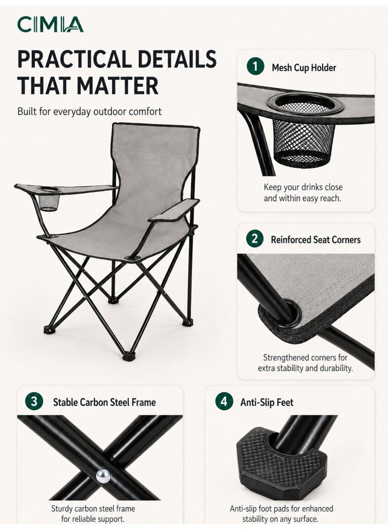 CIMIA Lightweight Folding Camping Chair With Cup Holder & Carry Bag, 50x50x80cm Portable Outdoor Chair For Beach Picnic Camping Garden Balcony, Grey, 120kg Capacity - Image 3
