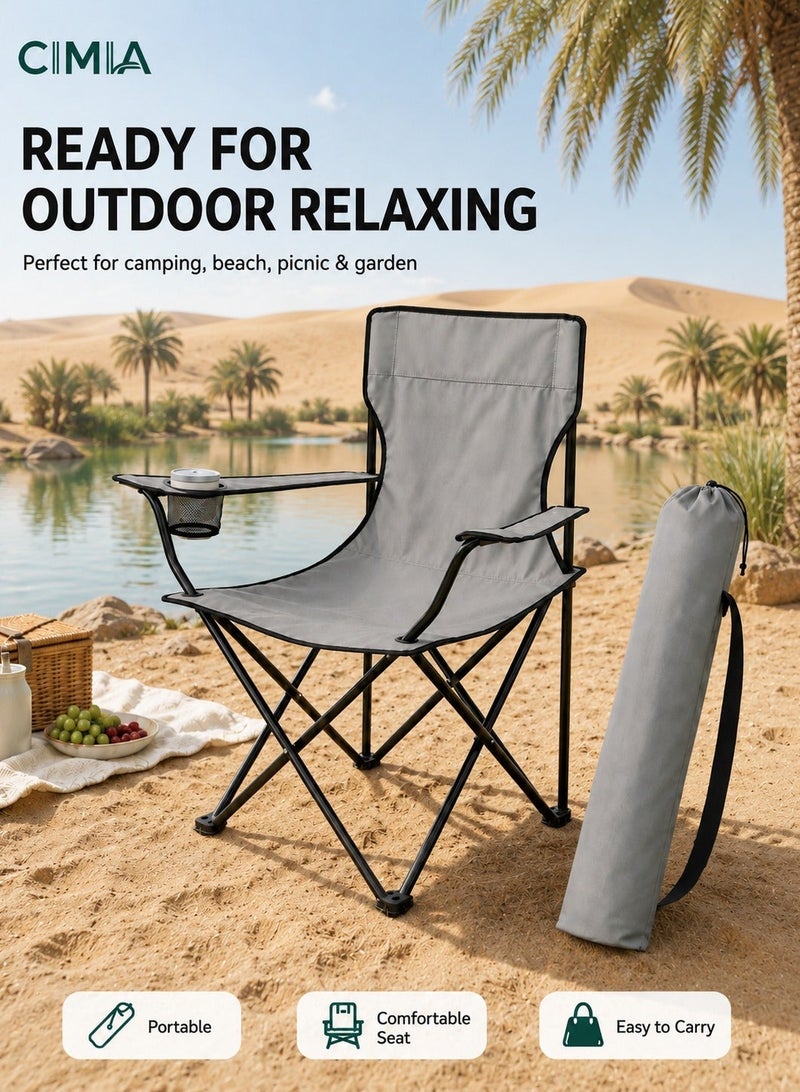CIMIA Lightweight Folding Camping Chair With Cup Holder & Carry Bag, 50x50x80cm Portable Outdoor Chair For Beach Picnic Camping Garden Balcony, Grey, 120kg Capacity - Image 2