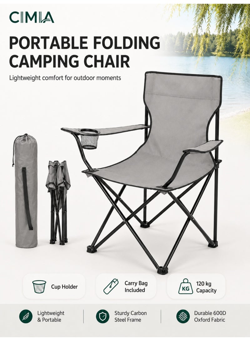 CIMIA Lightweight Folding Camping Chair With Cup Holder & Carry Bag, 50x50x80cm Portable Outdoor Chair For Beach Picnic Camping Garden Balcony, Grey, 120kg Capacity - Image 1