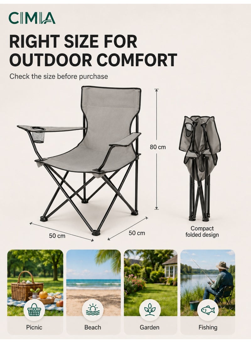 CIMIA Lightweight Folding Camping Chair With Cup Holder & Carry Bag, 50x50x80cm Portable Outdoor Chair For Beach Picnic Camping Garden Balcony, Grey, 120kg Capacity - Image 4