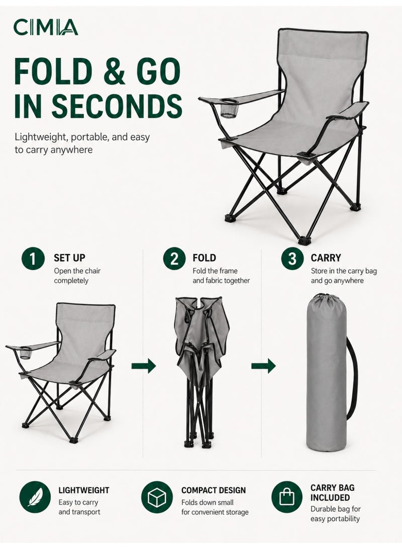 CIMIA Lightweight Folding Camping Chair With Cup Holder & Carry Bag, 50x50x80cm Portable Outdoor Chair For Beach Picnic Camping Garden Balcony, Grey, 120kg Capacity - Image 5