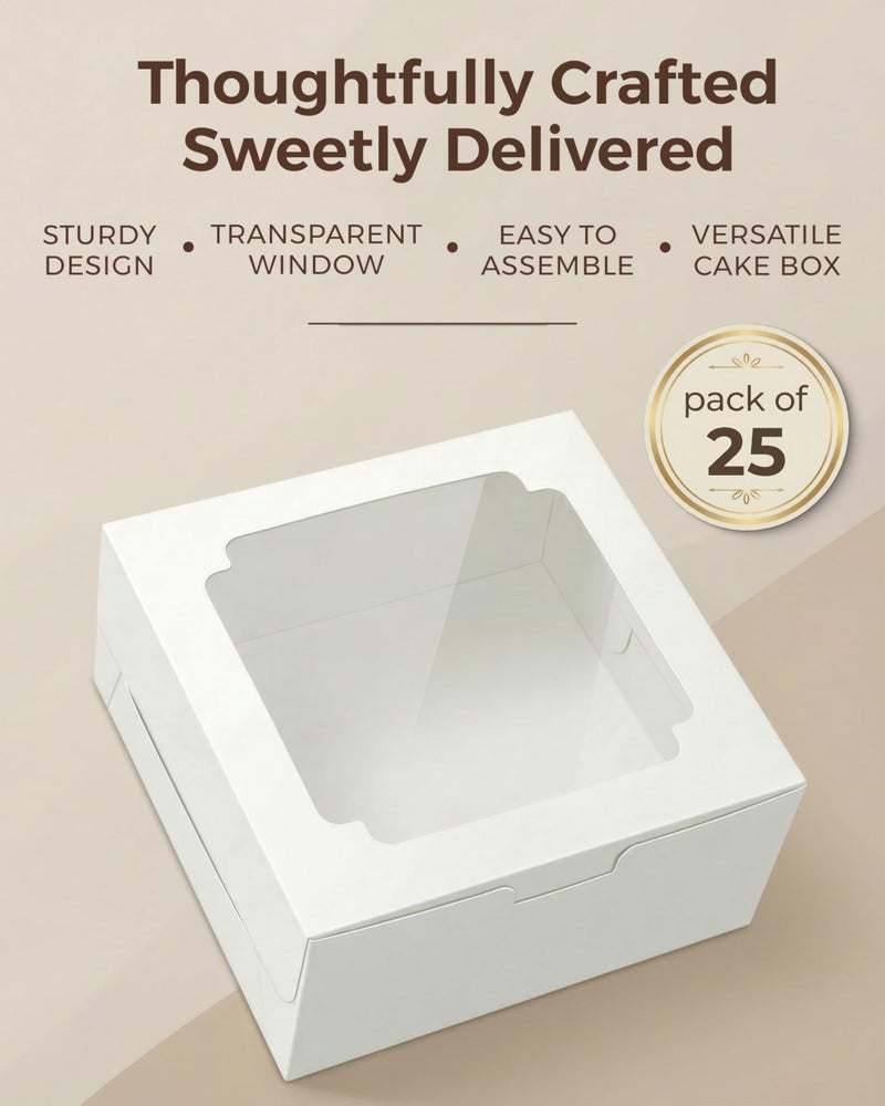 Baregamyan 25pcs Cake Boxes 10x10x5 Inch with Window, 10 Inch White Bakery Boxes, Square Cardboard Large Pie Box, Package for Cookies, Donut, Birthday Party, Dessert, Wedding, Pastry Packaging (80 Pcs Stickers) - Image 2