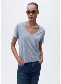 MANGO Casual V Neck Linen T-Shirt  - Image 1