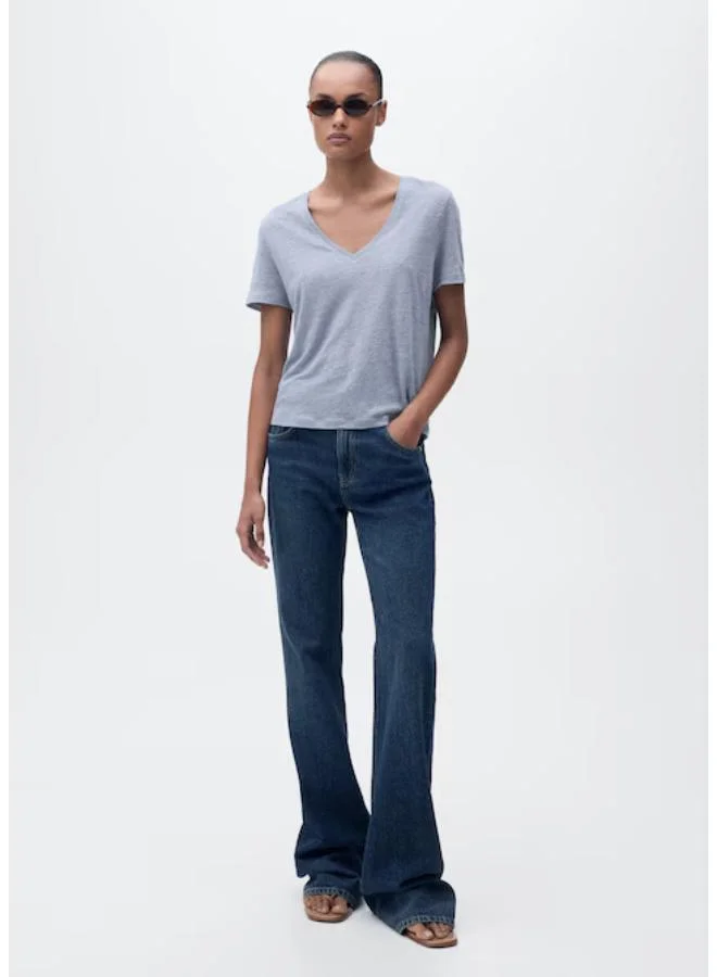 MANGO Casual V Neck Linen T-Shirt