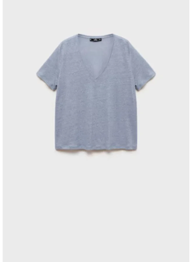 MANGO Casual V Neck Linen T-Shirt