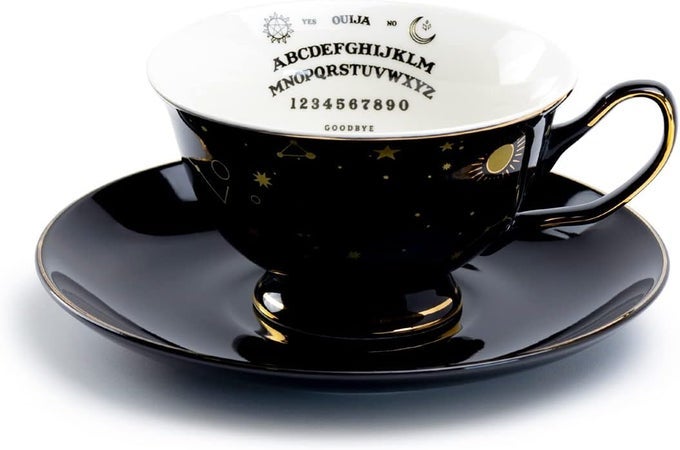 OUIJA ASTROLOGY BLACK GOLD TEA CUP AND SAUCER WITH GOLD TRIM HALLOWEEN BLACK WHITE AND GOLD