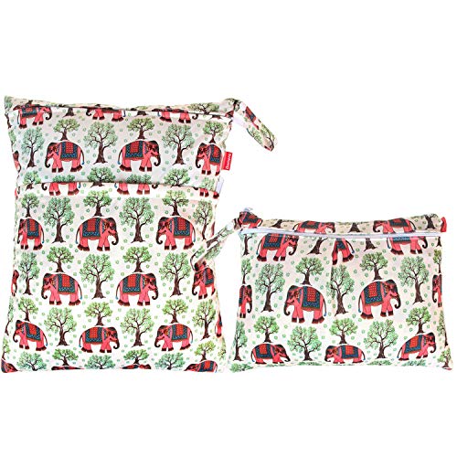 Damero 2pcs Travel Wet and Dry Bag, Reusable Wet Bags Organizer with Two Zippered Pocket for Cloth Diaper, Pumping Parts, Swimsuit and Gym, Elephants - Image 1