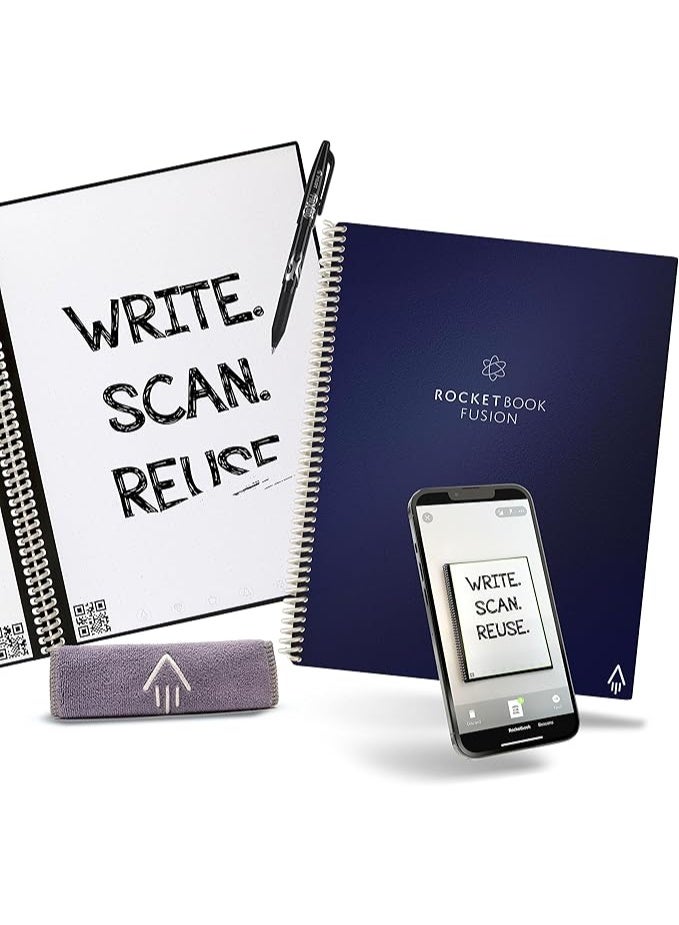 روكيت بوك دفتر روكيت بوك فيوجن الرقمي القابل لإعادة الاستخدام A4 – نوت بوك ذكي قابل للمسح بـ 7 أنماط صفحات، قائمة مهام، مفكرة يومية، مخطط أسبوعي وشهري مع قلم فريكسون، أزرق - Image 1