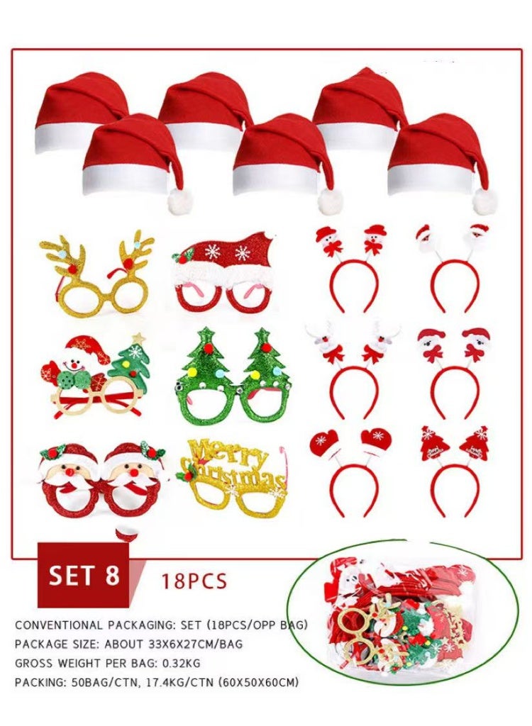 16Pcs Christmas Glasses Frame Adult Kids Gift Santa Snowman Glasses Christmas Hat Xmas Decor New Year Gift,Six hats, size 28*36, six pairs of glasses, and six hair bands