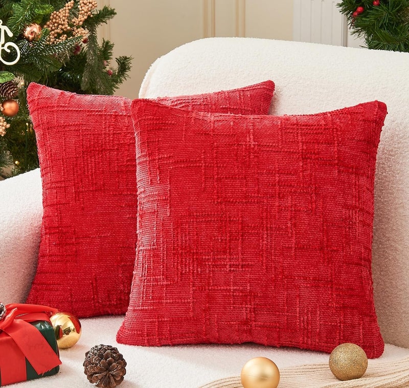 GriNeed Christmas Red Pillow Covers Set of 2 18x18 Inch Throw Pillow Covers Soft Chenille Xmas Decorative Pillowcases for Couch Sofa Bed Living Room Home Cute Decor Modern Cushion Covers - Image 2