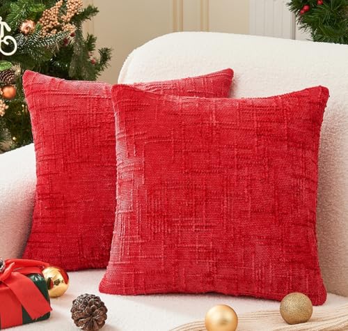 GriNeed Christmas Red Pillow Covers Set of 2 18x18 Inch Throw Pillow Covers Soft Chenille Xmas Decorative Pillowcases for Couch Sofa Bed Living Room Home Cute Decor Modern Cushion Covers - Image 1
