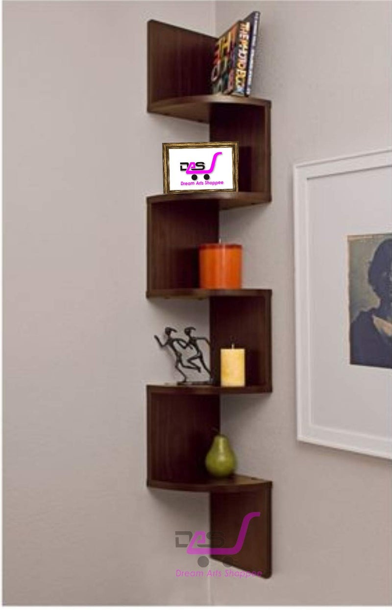 Dream Arts Zigzag Corner Wall Mount Shelf Unit Racks and Shelves Book Decoration (Brown) - Image 1