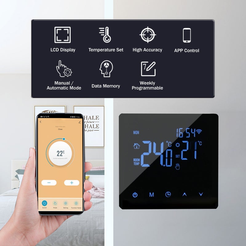تحكم درجات حرارة سيمفونيات واي فاي ذكية لمعدات تسخين المياه بقدرة 3 أمبير بشاشة عرض LCD و شاشة لمس قابلة للبرمجة أسبوعيًا مع تحكم عبر تطبيق تويا - سيمفونيات تسخين الأرضية مناسبة للمنازل والمكاتب والمدارس والفنادق - Image 2