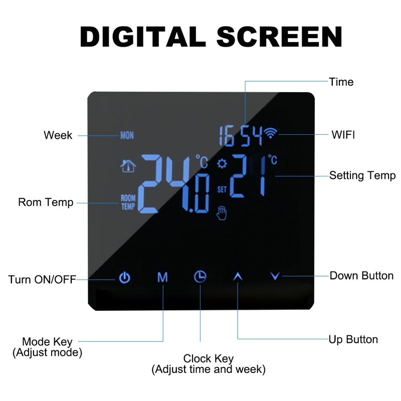 تحكم درجات حرارة سيمفونيات واي فاي ذكية لمعدات تسخين المياه بقدرة 3 أمبير بشاشة عرض LCD و شاشة لمس قابلة للبرمجة أسبوعيًا مع تحكم عبر تطبيق تويا - سيمفونيات تسخين الأرضية مناسبة للمنازل والمكاتب والمدارس والفنادق - Image 5