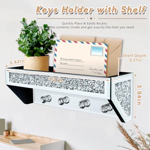 WALTSOM Crushed Diamond Wall Key Holder with Shelf, Crystal Mirror Wall Mounted Key Holder with Shelf for Entryway and Home Decor - Image 4