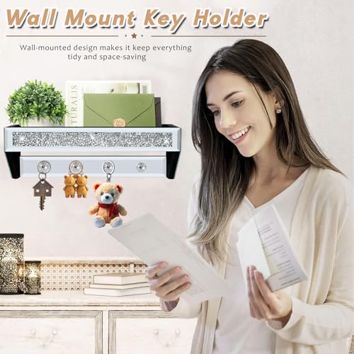 WALTSOM Crushed Diamond Wall Key Holder with Shelf, Crystal Mirror Wall Mounted Key Holder with Shelf for Entryway and Home Decor - Image 3