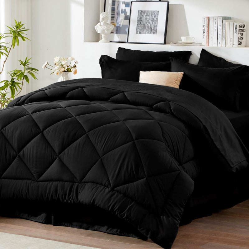 Newspin Twin Bed in a Bag 6 Pieces Comforter Set Black All Season Bed Set Twin Bedding Sets with Comforter and Sheets Pillow Sham Flat Sheet Fitted Sheet Pillowcase and Bed Skirt