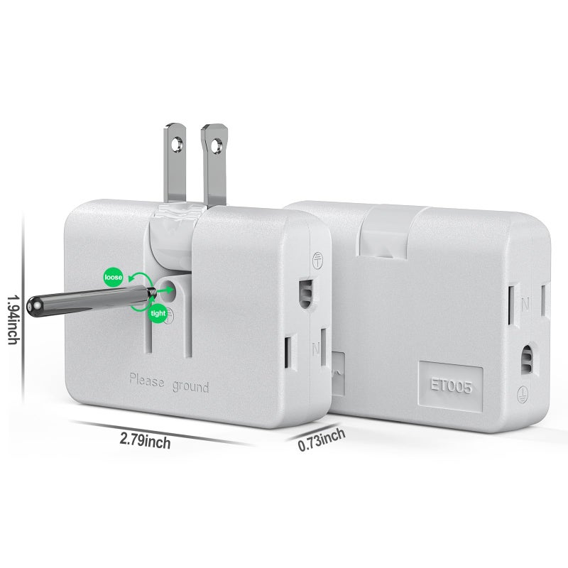 ETwinCoo 2-Prong/3-Prong Swivel Adapter, Polarized Grounding Converter with Flat Wall Plug, Fireproof 3-Outlet for Home Use (2 Pack) - Image 3