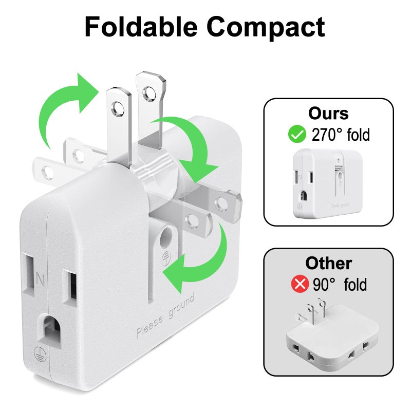 ETwinCoo 2-Prong/3-Prong Swivel Adapter, Polarized Grounding Converter with Flat Wall Plug, Fireproof 3-Outlet for Home Use (2 Pack) - Image 2