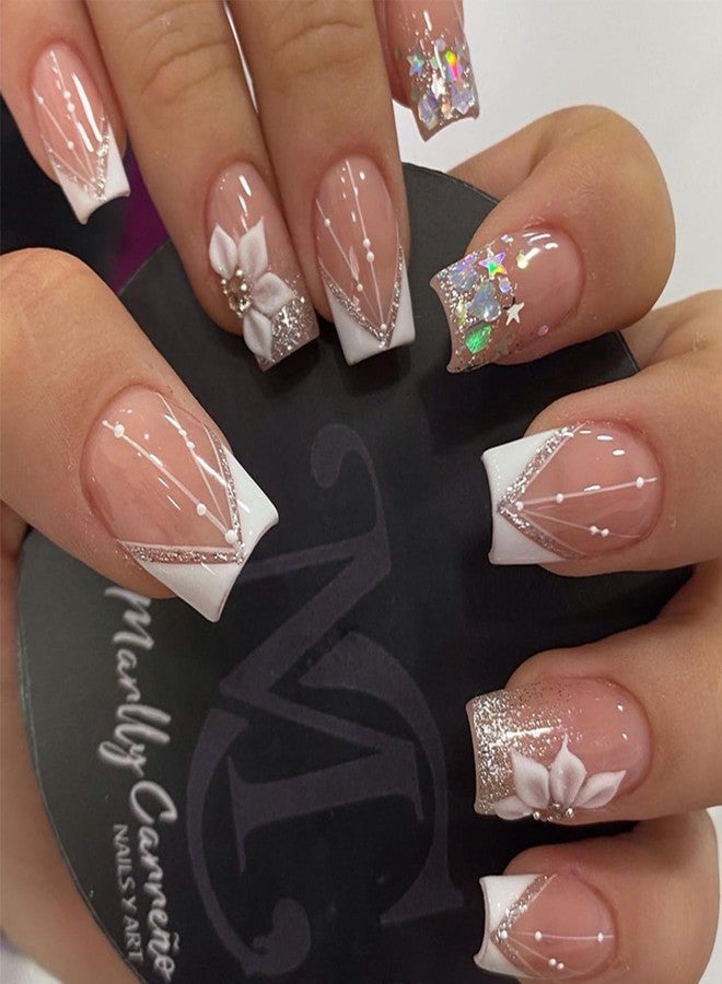LRKNNO 24Pcs French Tips Press on Nails Short Square Fake Nails Nude Pink Full Cover Glue on Nails with Glitter Sequins Designs White Nail Tips Acrylic Artificial Nails Medium False Nails for Women Girls - Image 1