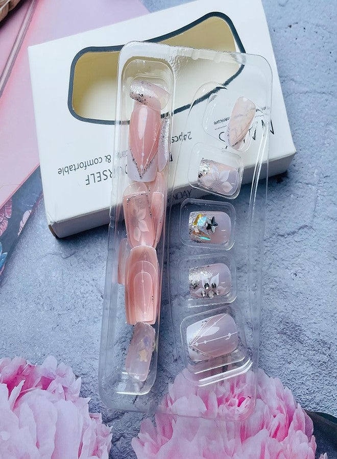 LRKNNO 24Pcs French Tips Press on Nails Short Square Fake Nails Nude Pink Full Cover Glue on Nails with Glitter Sequins Designs White Nail Tips Acrylic Artificial Nails Medium False Nails for Women Girls - Image 3
