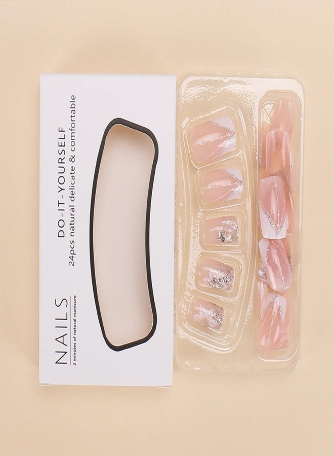 LRKNNO 24Pcs French Tips Press on Nails Short Square Fake Nails Nude Pink Full Cover Glue on Nails with Glitter Sequins Designs White Nail Tips Acrylic Artificial Nails Medium False Nails for Women Girls - Image 5