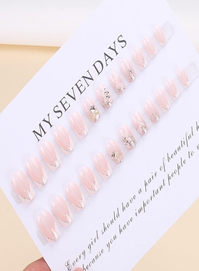 LRKNNO 24Pcs French Tips Press on Nails Short Square Fake Nails Nude Pink Full Cover Glue on Nails with Glitter Sequins Designs White Nail Tips Acrylic Artificial Nails Medium False Nails for Women Girls - Image 2