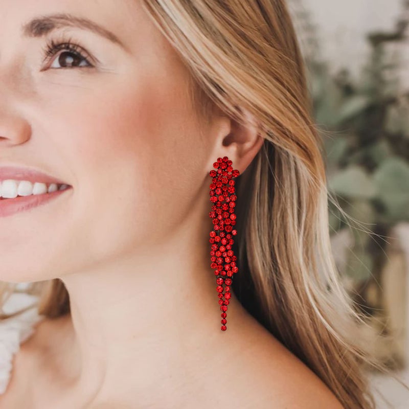EVER FAITH Austrian Crystal Art Deco Statement Earring, Banquet Prom Long Chandelier Dangle Earrings for Woman Red Black-Tone - Image 4