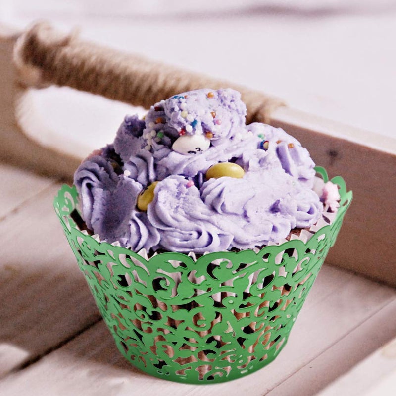 GOLF 100Pcs Cupcake Wrappers Artistic Bake Cake Paper Filigree Little Vine Lace Laser Cut Liner Baking Cup Wraps Muffin CaseTrays for Wedding Party Birthday Decoration (Green) - Image 5
