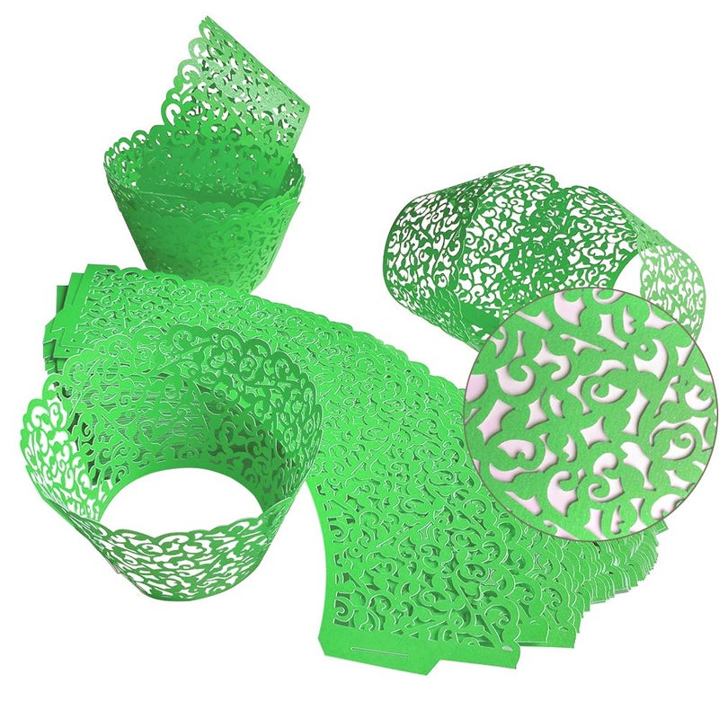 GOLF 100Pcs Cupcake Wrappers Artistic Bake Cake Paper Filigree Little Vine Lace Laser Cut Liner Baking Cup Wraps Muffin CaseTrays for Wedding Party Birthday Decoration (Green) - Image 4