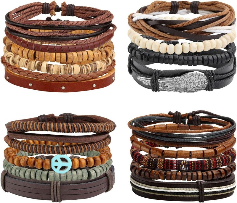Mafnee Store Manfnee 6-12PCS Braided Faux Leather Bracelet Punk Cuff Wrap Bracelets for Men Women Adjustable - Image 1