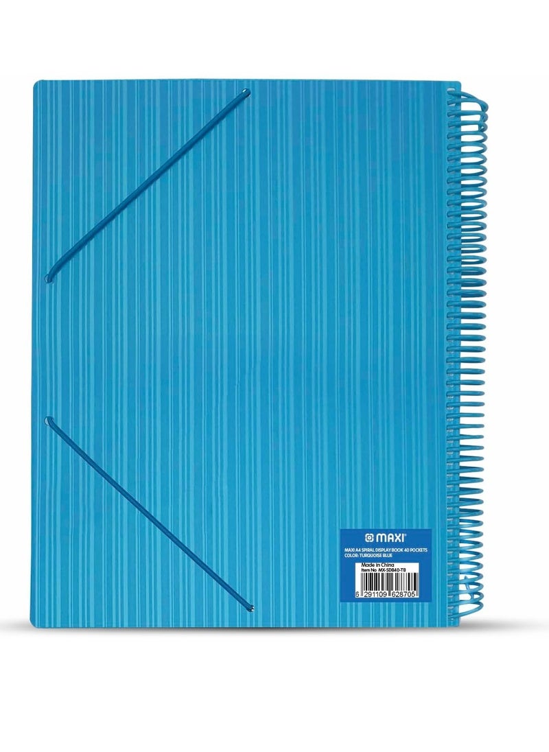 Maxi Spiral Display Book 40 Pocket Turquoise, Clear Pockets Book File Folder Document Presentation Organizer for Portfolio Music Artwork Display for School Business Office