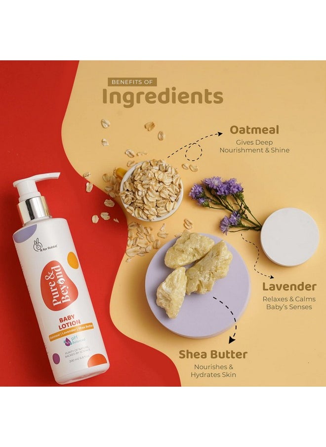 أر فور رابيت - لوشن الأطفال 200 مل لوشن مرطب للجسم من Pure & Beyond، درجة حموضة 5.5، مناسب لبشرة حديثي الولادة الحساسة، لطيف ولطيف، مع دقيق الشوفان وزبدة الشيا - Image 1
