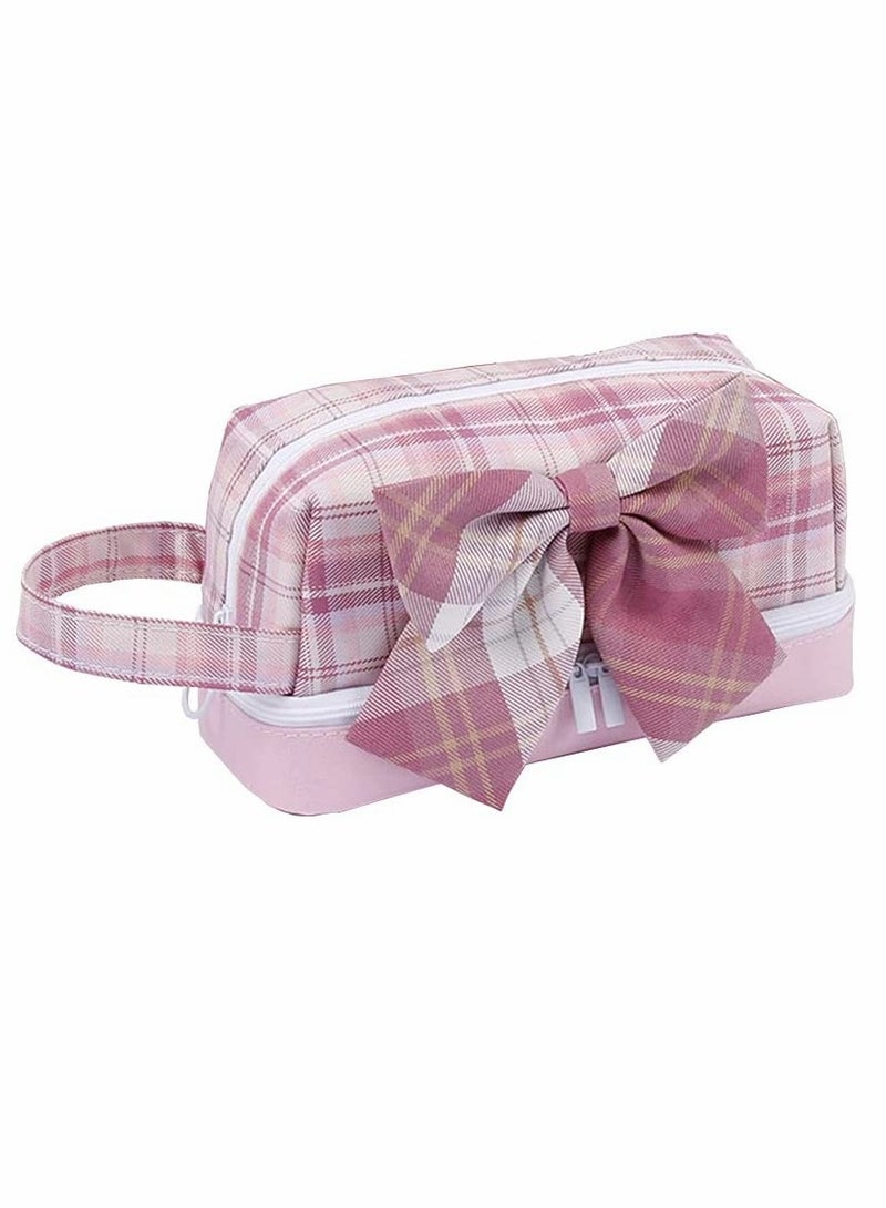 Pencil Case, Plaid Bowknot Pencil, Pouch Canvas Marker Pen Case, Portable Cosmetic Bag, for Student Teens Girls Adults Large Capacity Pencil Box (2-red)
