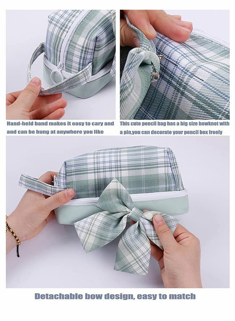 Pencil Case, Plaid Bowknot Pencil, Pouch Canvas Marker Pen Case, Portable Cosmetic Bag, for Student Teens Girls Adults Large Capacity Pencil Box (2-red)