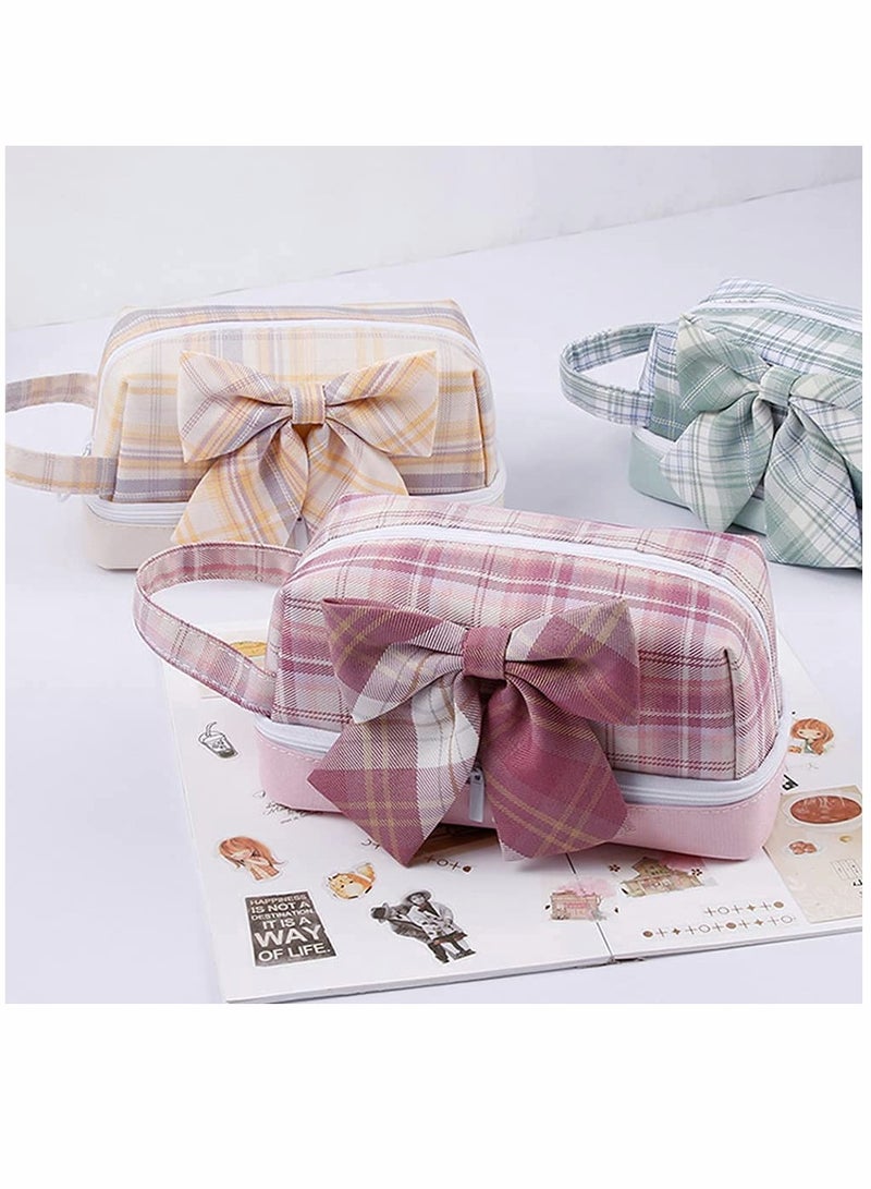 Pencil Case, Plaid Bowknot Pencil, Pouch Canvas Marker Pen Case, Portable Cosmetic Bag, for Student Teens Girls Adults Large Capacity Pencil Box (2-red)