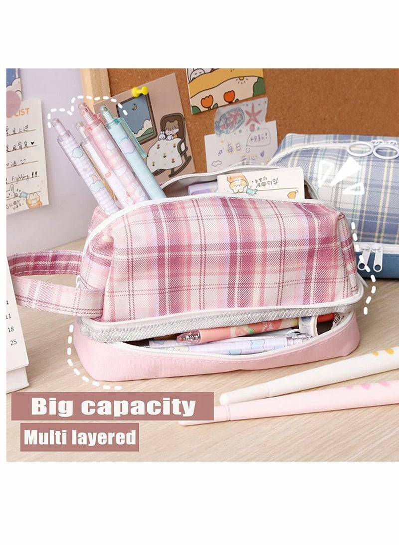 Pencil Case, Plaid Bowknot Pencil, Pouch Canvas Marker Pen Case, Portable Cosmetic Bag, for Student Teens Girls Adults Large Capacity Pencil Box (2-red)