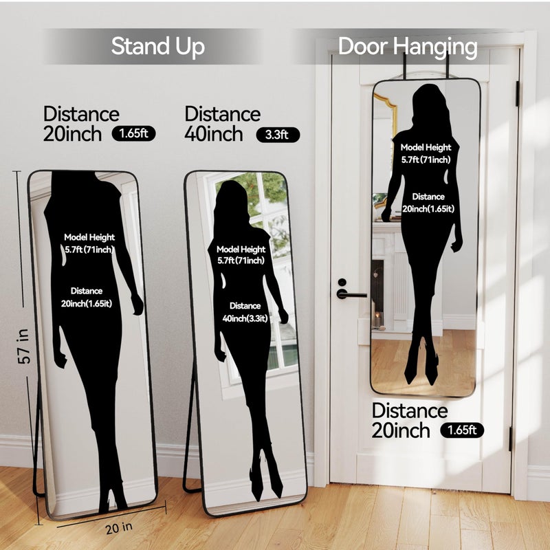 SCWF-GZ 57x20 Door Hanging Full Length Mirror, Floor Stand (Height 5.7ft just Body in1.3ft) Wall Mounted Metal Frame Rectangle Dressing Mirrors for Bedroom Living Room 57 inch Black - Image 3