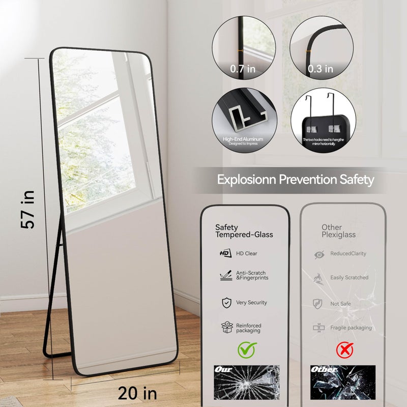SCWF-GZ 57x20 Door Hanging Full Length Mirror, Floor Stand (Height 5.7ft just Body in1.3ft) Wall Mounted Metal Frame Rectangle Dressing Mirrors for Bedroom Living Room 57 inch Black - Image 4