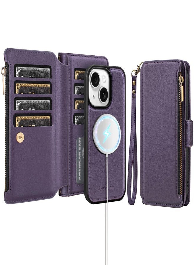 Antsturdy for iPhone 14 Wallet Case with Credit Card Holder Slots,Compatible with Magsafe Magnetic 2 in 1 Detachable PU Leather RFID Blocking Phone Cover Wrist Strap Zipper Women Men,Purple - Image 1
