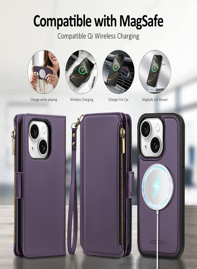 Antsturdy for iPhone 14 Wallet Case with Credit Card Holder Slots,Compatible with Magsafe Magnetic 2 in 1 Detachable PU Leather RFID Blocking Phone Cover Wrist Strap Zipper Women Men,Purple - Image 4