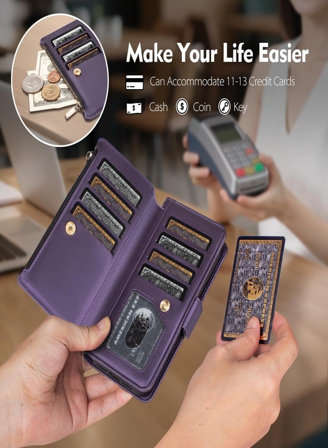 Antsturdy for iPhone 14 Wallet Case with Credit Card Holder Slots,Compatible with Magsafe Magnetic 2 in 1 Detachable PU Leather RFID Blocking Phone Cover Wrist Strap Zipper Women Men,Purple - Image 2