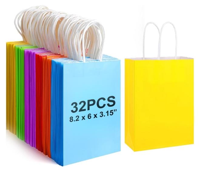Nexso 32PCS Kraft Paper Gift Bag with Handles | Small Gift Bags (21x15x8cm) – Multicolour Paper Bag for Birthdays, Weddings, Baby Showers, Return Gifts Favour Bags, Crafting & Special Events Bullet Points: - Image 1