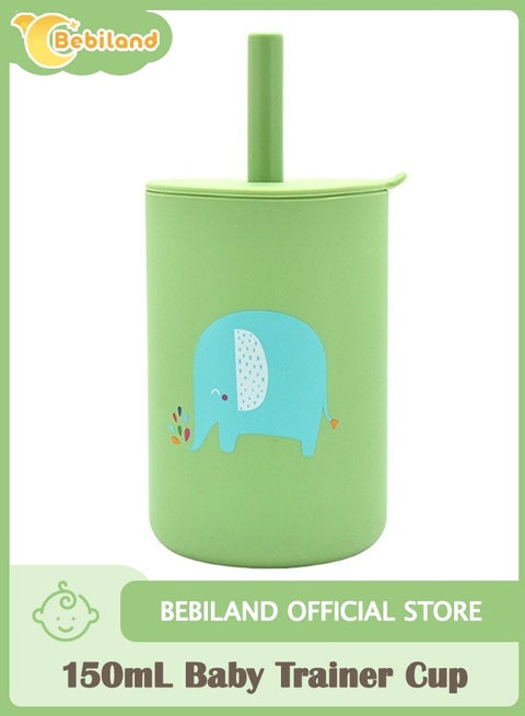 150mL Silicone Baby Trainer Cup with lovely Lion Pattern, Anti-Fall Non-Slip Sippy Cup for Toddler Independent Drinking, Green