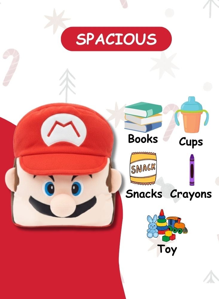 بريميم حقيبة ظهر للأطفال بتصميم وجه ماريو ثلاثي الأبعاد من القطيفة - حقيبة مدرسية ناعمة محشوة من سلسلة سوبر ماريو بتصميم غطاء أحمر - Image 4