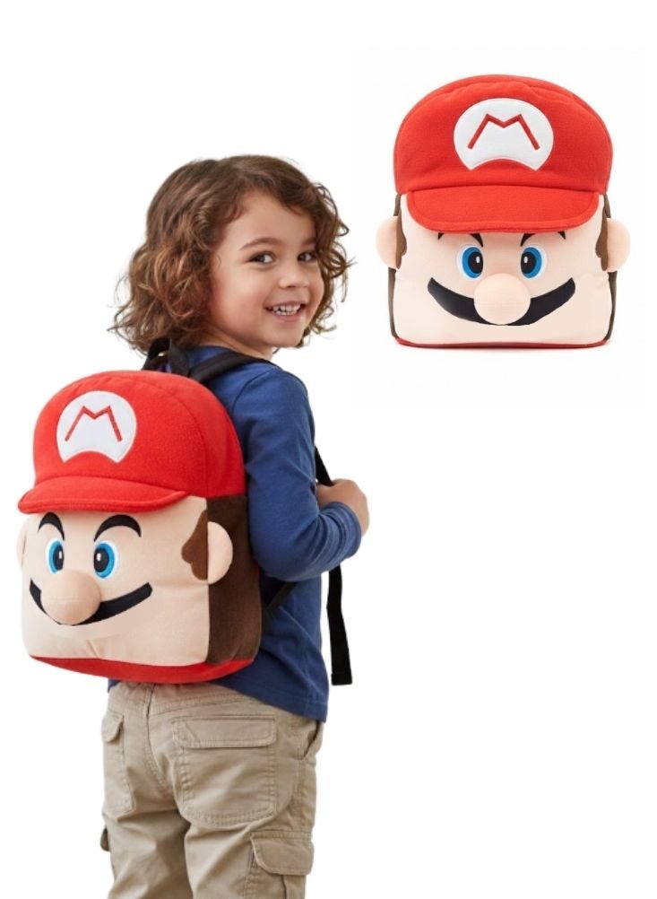 بريميم حقيبة ظهر للأطفال بتصميم وجه ماريو ثلاثي الأبعاد من القطيفة - حقيبة مدرسية ناعمة محشوة من سلسلة سوبر ماريو بتصميم غطاء أحمر - Image 1