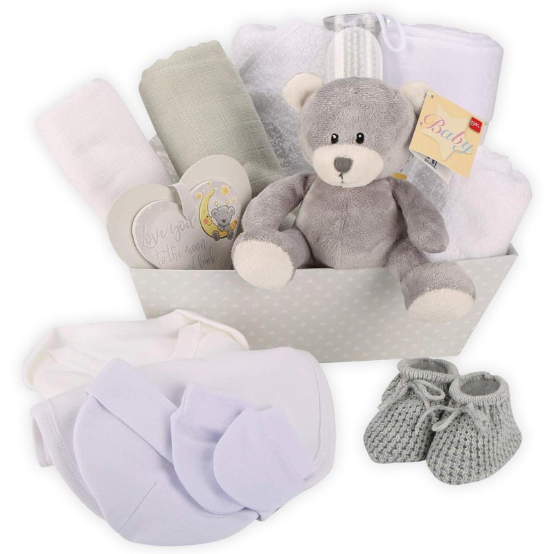 Drapolene Baby Box Shop Unisex Baby Gift Hamper - 17 Essentials for Newborns | Baby Shower, Gender Reveal & Christening Gift with Plush Grey Teddy - Image 1