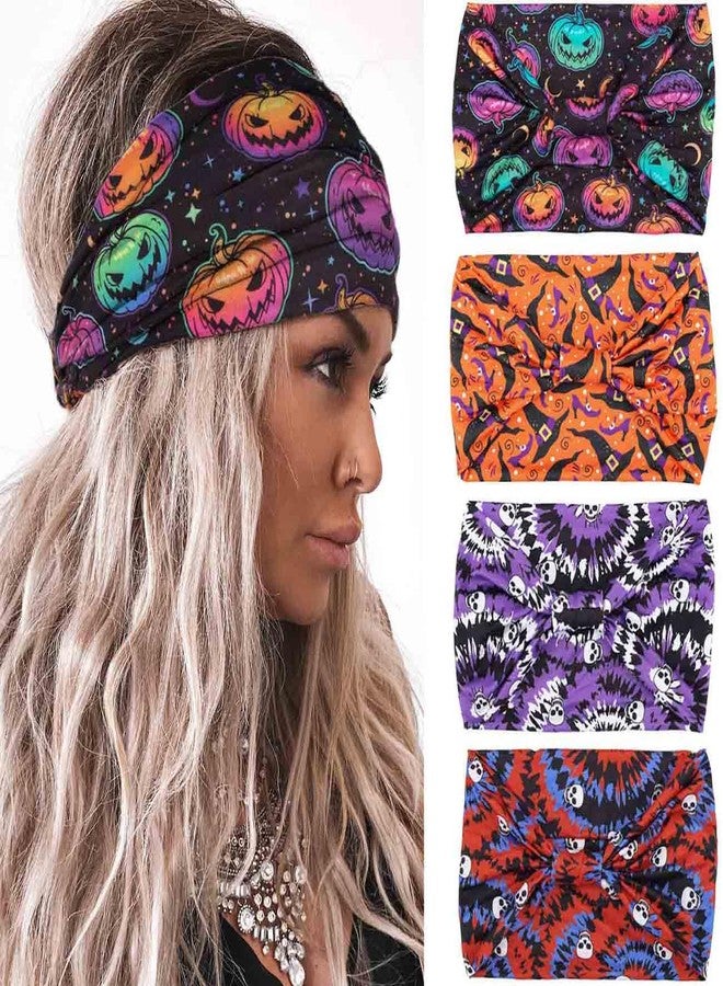 Olbye Headbands for Women Wide Knotted Headband Turban Non Slip Hairbands Elastic Pumpkin Hairband Skull Head Bands Workout Head Wraps Yoga Hair Scarf Halloween Hair Accessories for Women 4Pcs (C) - Image 1