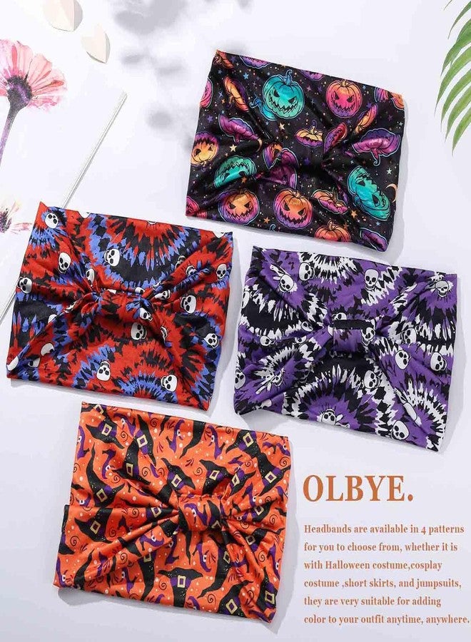 Olbye Headbands for Women Wide Knotted Headband Turban Non Slip Hairbands Elastic Pumpkin Hairband Skull Head Bands Workout Head Wraps Yoga Hair Scarf Halloween Hair Accessories for Women 4Pcs (C) - Image 2